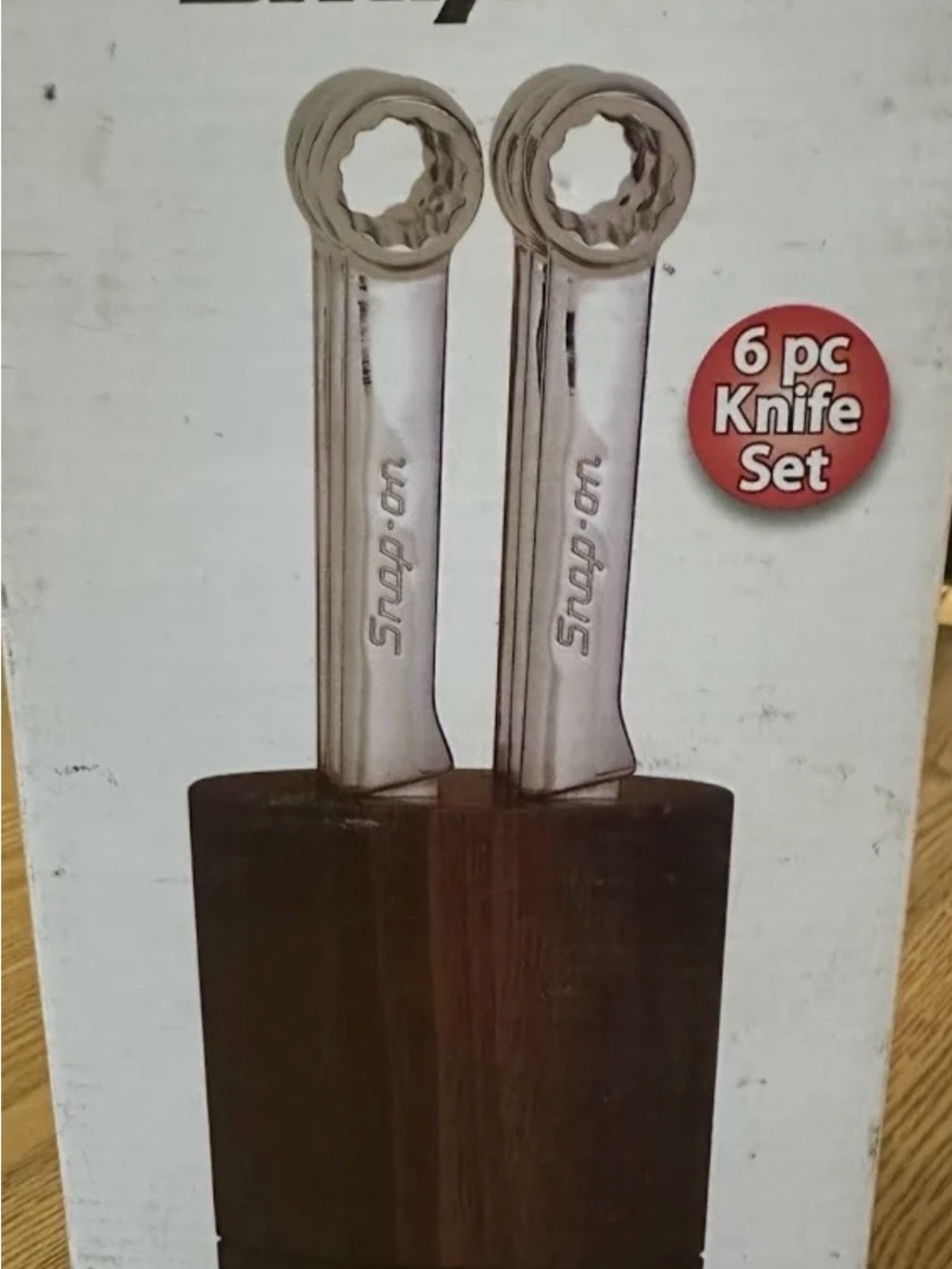 Snap-On Inspired 6-Piece Silver Knife Set with Brown Wood Block